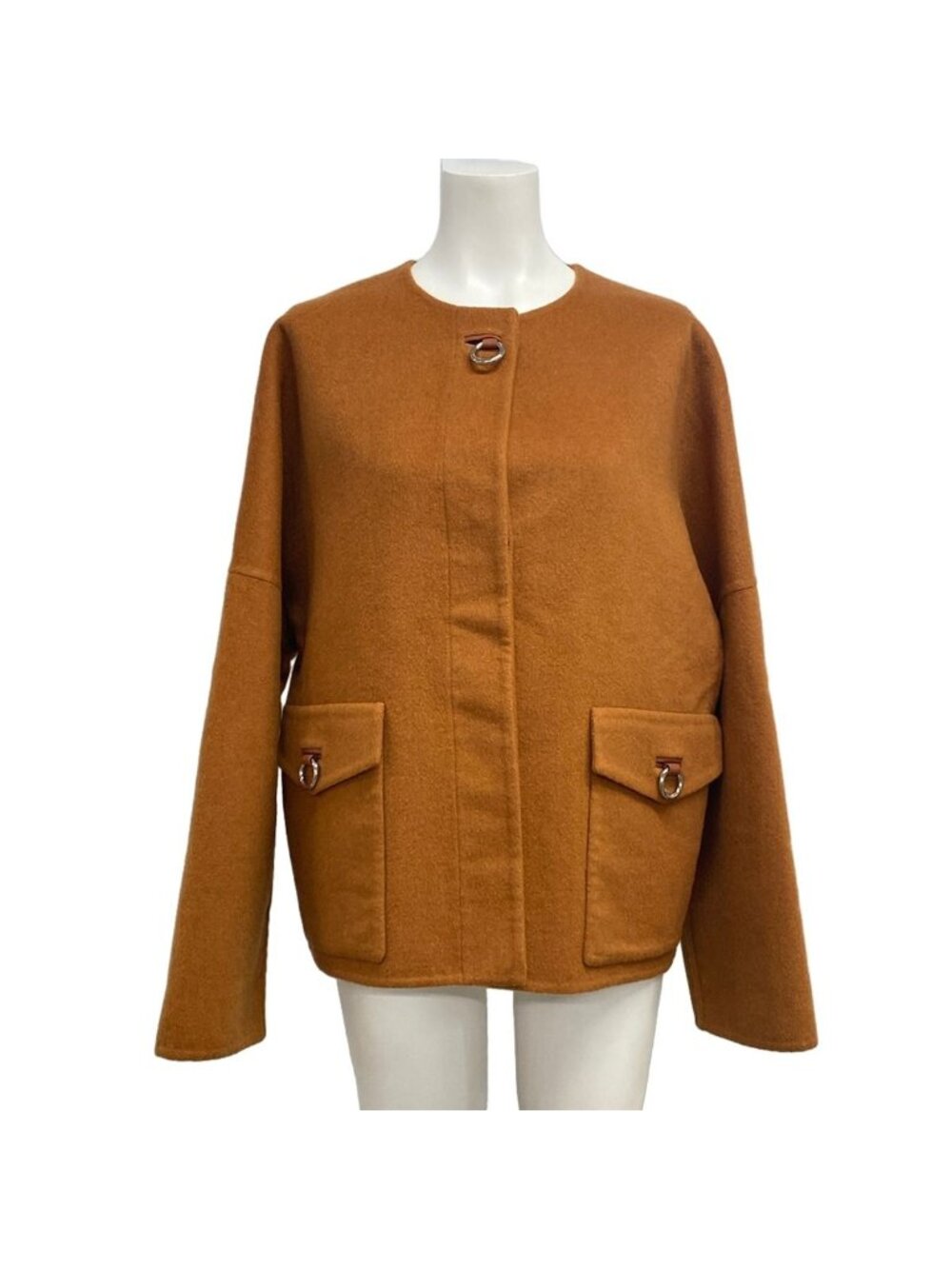 Hermes Coat S 3 DZ Orange Brown Long Sleeve Cashmere Short Length Winter 36